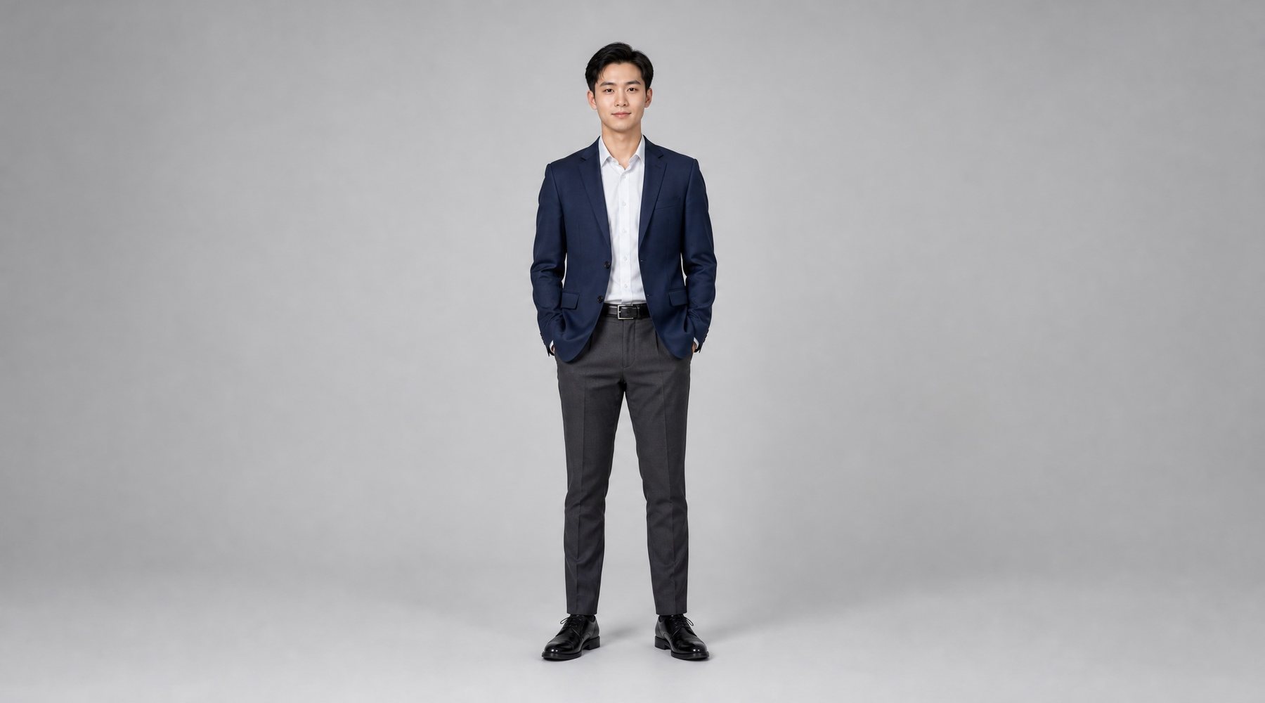 Professional outfit changer — navy blazer LinkedIn-style portrait