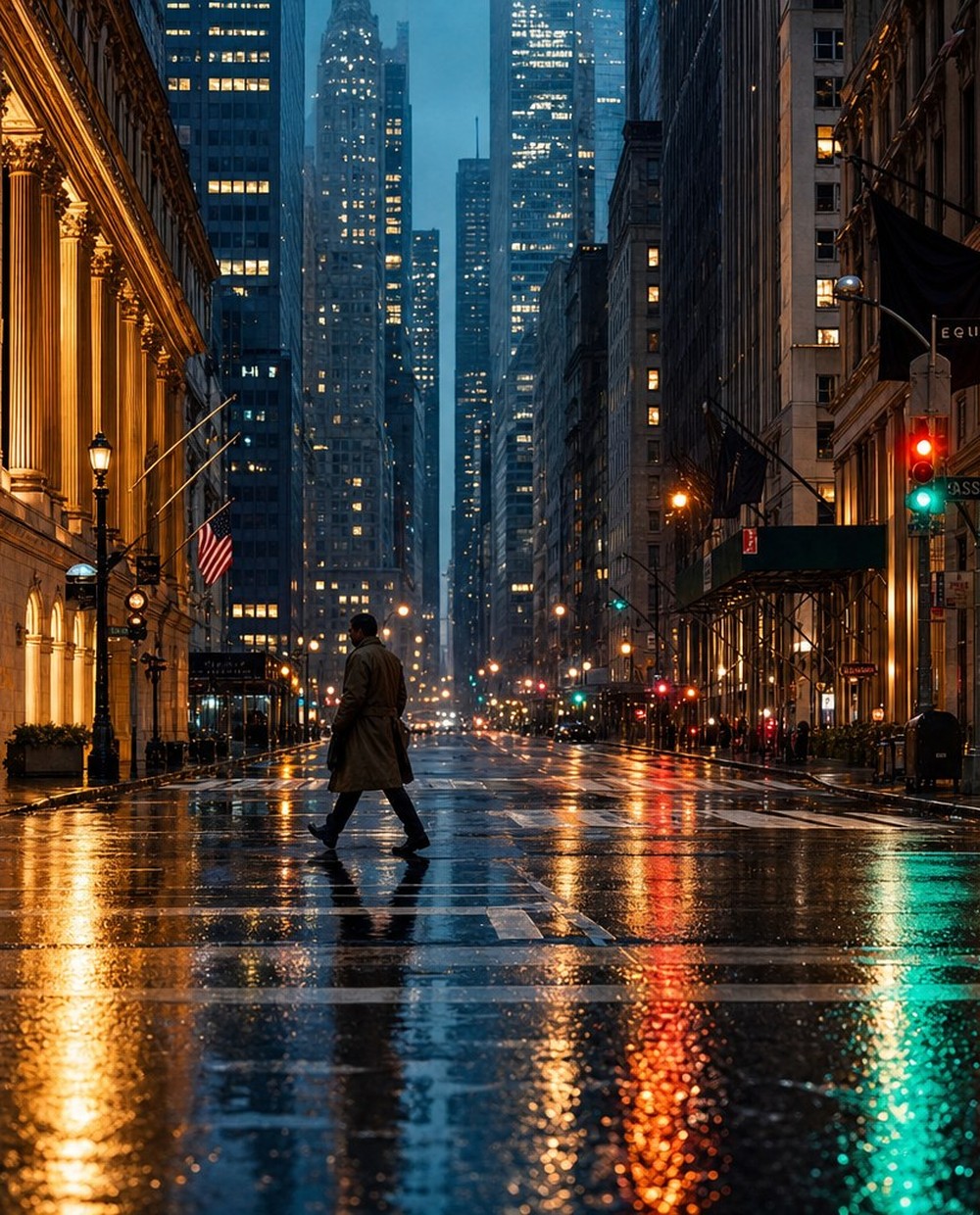 AI expand image example — a rainy city street photo expanded with seamless outpainting