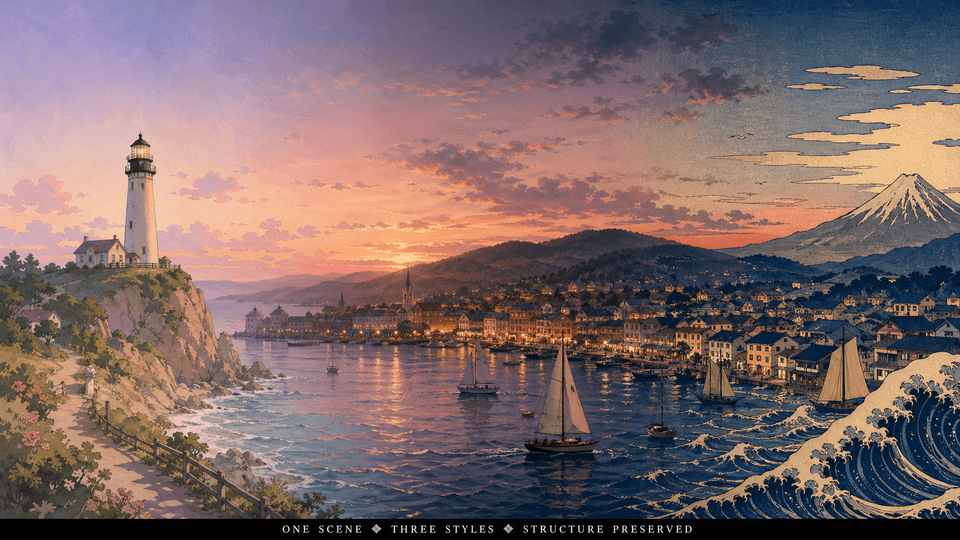 GPT Image 2 style fusion — single coastal scene blending watercolor anime, photorealism, and ukiyo-e woodblock with the lighthouse aligned across all three styles.