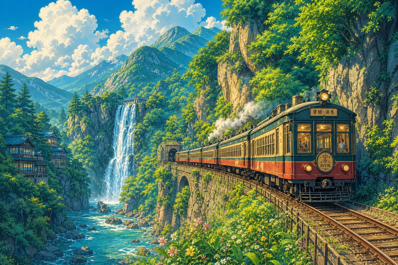 Example image created with GPT Image 2 — a painterly vintage train winding through a green canyon with a waterfall