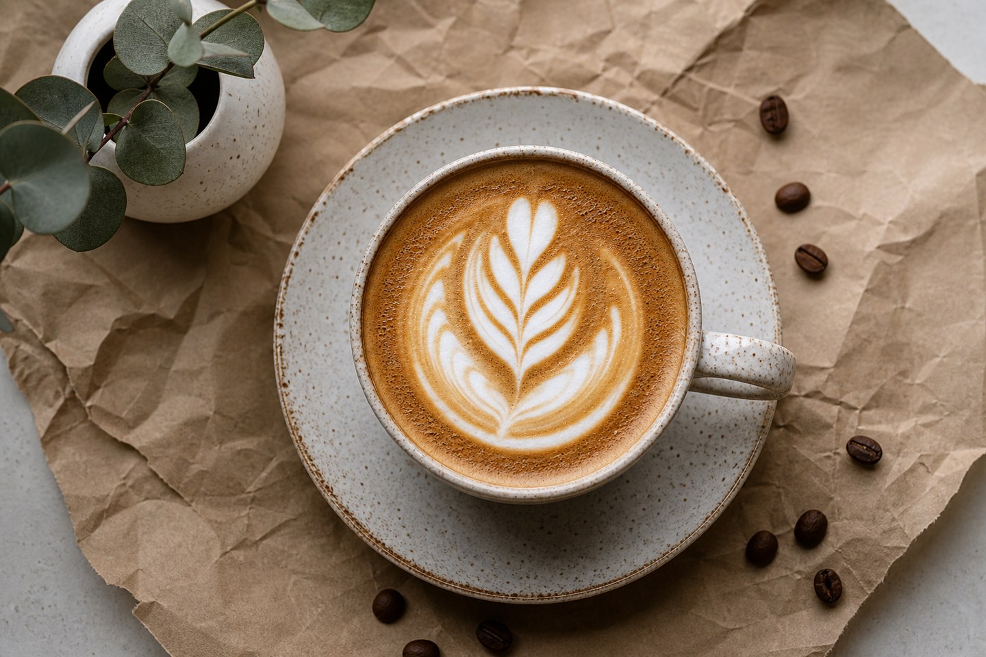 Coffee flat-lay photo after AI expansion — more table, paper and coffee beans filled in
