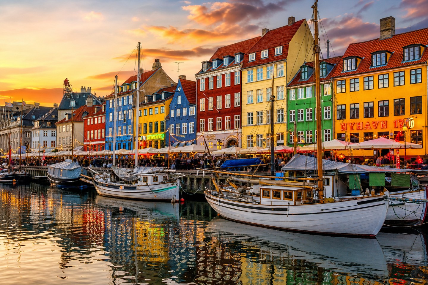 Colorful harbor townhouses photo after AI expansion — more buildings, boats and water filled in around the original
