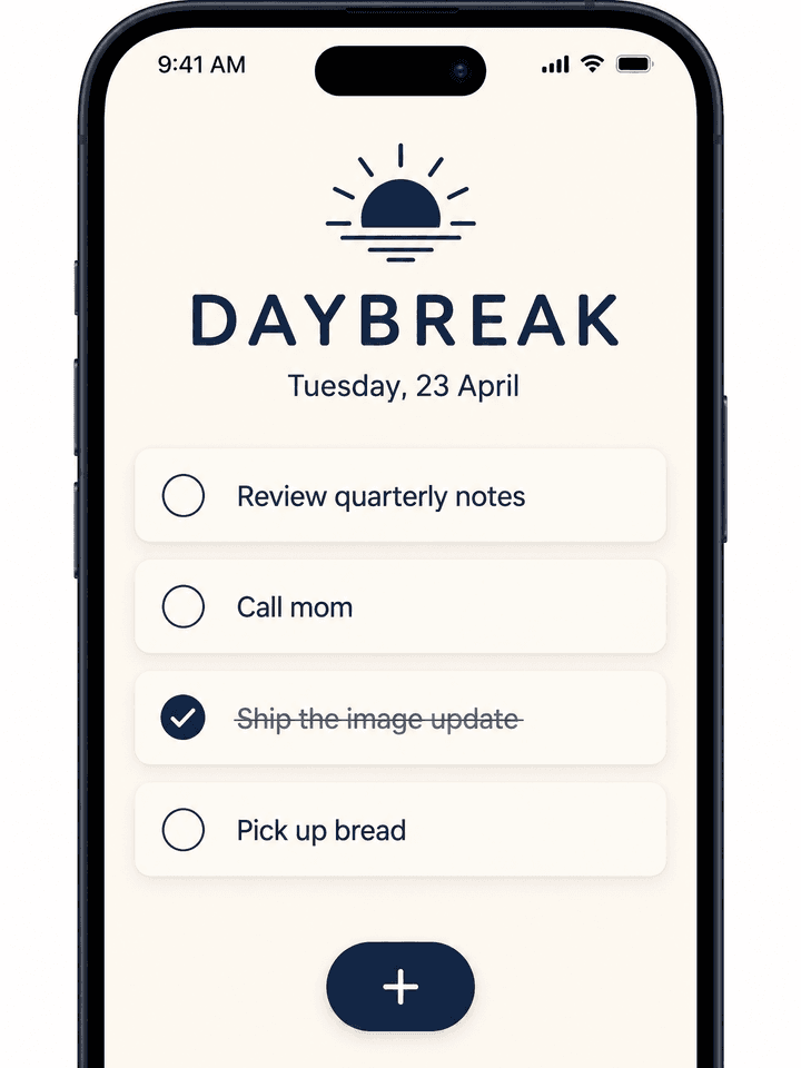 ChatGPT Image 2 sample — minimalist mobile app screenshot for a to-do app called DAYBREAK.