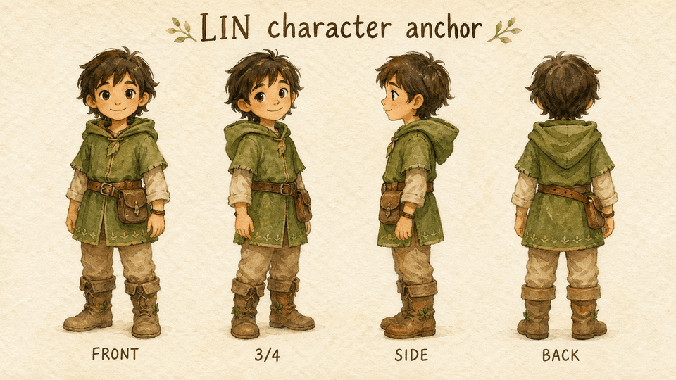 OpenAI AI image generator sample — watercolor character anchor sheet for a children's book, four turnarounds of the same character.